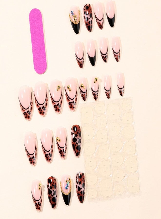 TBRZTR Press on Nails Medium Artificial Almond Acrylic False Nails French Leopard Print Tip 3D Gold Beads Design Stick on Nail Full Cover Reusable Coffin Artificial Fingernails for Women Manicure - Image 2